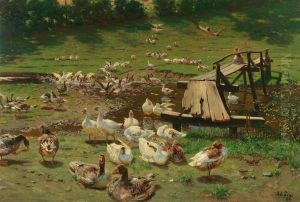 A summer day, geese by a pond by Adolf Lins