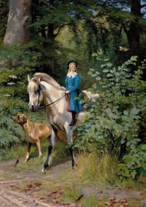A girl in a blue dress riding in a forest with her dog. by Adolf Mackeprang