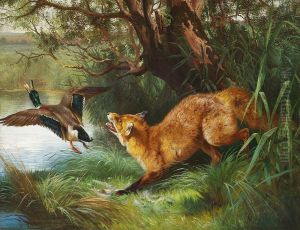A fox hunting a mallard. by Adolf Mackeprang