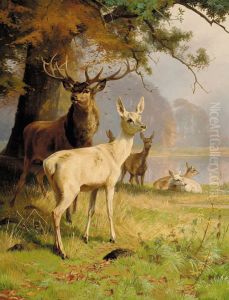 A stag and its pack near a forest pond. by Adolf Mackeprang
