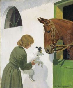 Good friends. A girl with a dog and a horse. by Adolf Heinrich-Hansen
