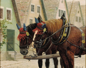 Horses with Sunday harness on a street in Tonder. Horses with Sunday harness on a street in Tonder.