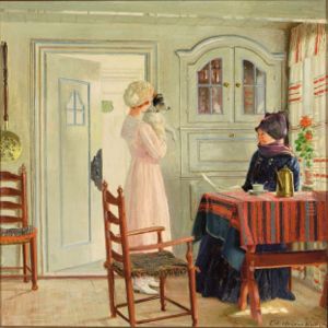 A visit to a house on Fano, Denmark. by Adolf Heinrich-Hansen