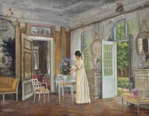 Arranging Summer blooms. by Adolf Heinrich-Hansen