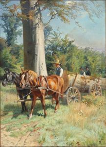 A landscape with a hourse-drawn wagon by Adolf Mackeprang