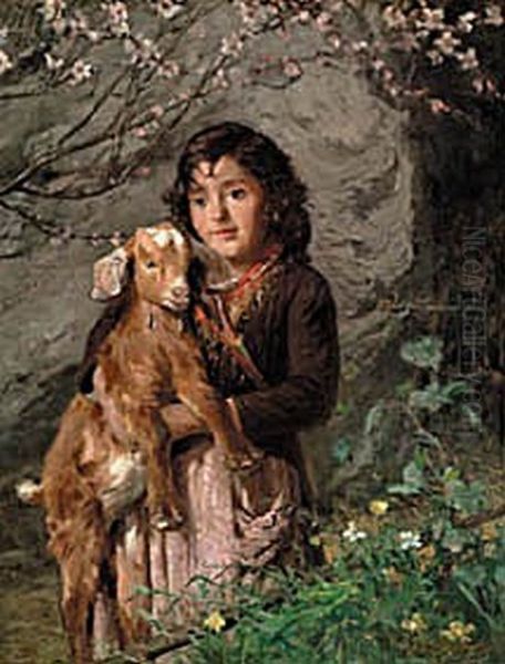 Girl with a young goat. - view 1