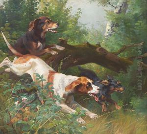 Dogs chasing through a forest. Dogs chasing through a forest.