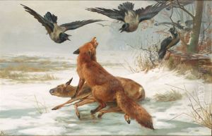 A fox and some crows fighting over the prey.