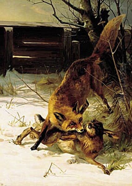 A fox and a hare in a wintery forest. - view 1