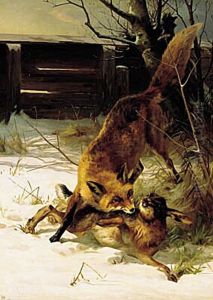 A fox and a hare in a wintery forest. by Adolf Mackeprang