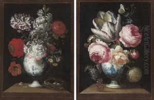Roses, Polyanthas, Lilac And A Parrot Tulip In A German Fayence Blue And White Vase