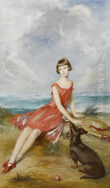 Portrait of a young girl with her dog by the sea. - view 1