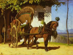 Mediterranean farmyard with a decorated horse-drawn cart.