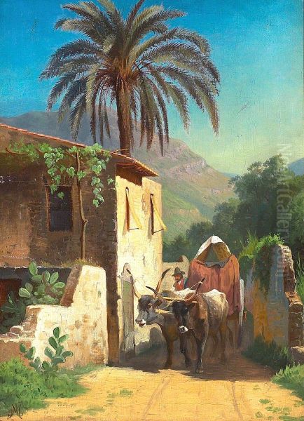Mediterranean scenery with oxen cart and house. - view 1