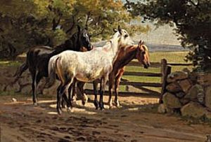 Three horses at stone wall with a gate. by Adolf Mackeprang