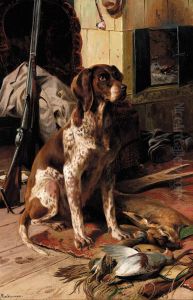 German gundog proudly sitting next to its prey. German gundog proudly sitting next to its prey.