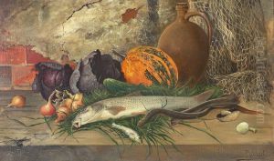 Still life with fish, cabbage, pumpkin, onions and a wine jug.
