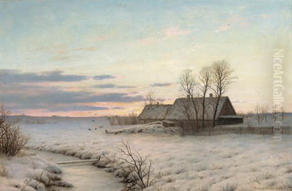 A cottage in a winter landscape at dusk. - view 1
