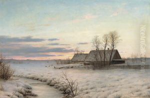 A cottage in a winter landscape at dusk. by Adolph Larsen