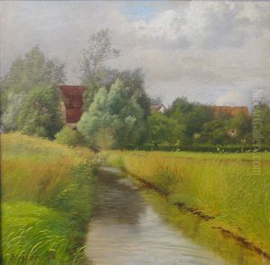 Landscape by a stream with trees and houses at a distance. by Adolph Larsen