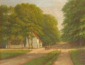 A summer day in Jaegersborg Dyrehave with a view of Peter Liep's house. by Adolph Larsen