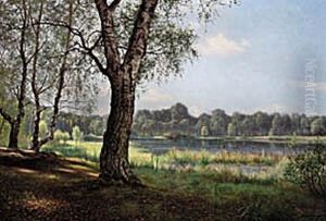 Forest view with a lake, early summer. by Adolph Larsen