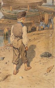 A boy at the shore with boats. by Adolph Kittendorff