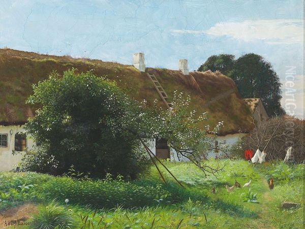 Landscape with hens in front of a thatched house. - view 1