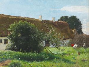 Landscape with hens in front of a thatched house.