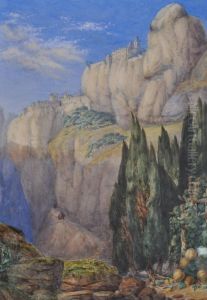 Italian Mountain Landscape View Towards A Monastery by Achille Carelli
