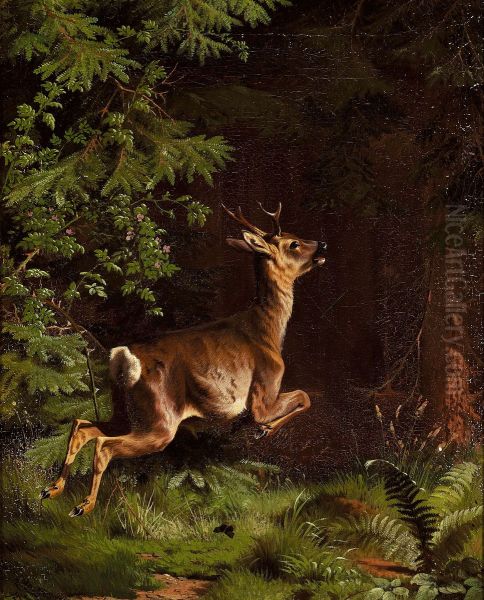 Roebuck jumping in a wood. - view 1