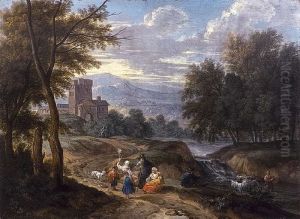 A classical landscape with travelers and a shepherd crossing a river A classical landscape with travelers and a shepherd crossing a river