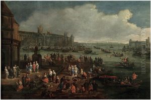 An Italianate harbour with numerous figures An Italianate harbour with numerous figures