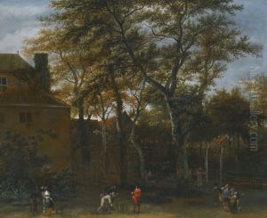 Four men playing Skittles in a garden, with onlookers by Adriaen Hendriksz Verboom