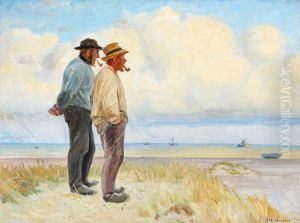 The Skagen fishermen Rasmus Bergen Sorensen and Boj Andersen standing on the beach. The Skagen fishermen Rasmus Bergen Sorensen and Boj Andersen standing on the beach.