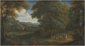 A wooded landscape with horsemen greeting travelers on a path