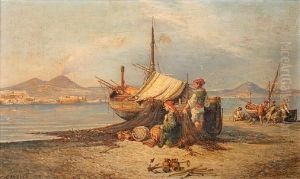 Figures Mending Nets Beside Beached Fishingboats In The Bay Of Naples
