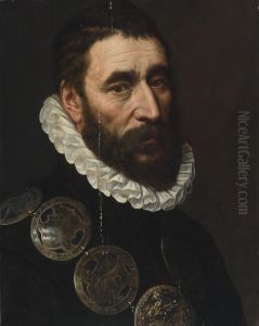 Portrait of a bearded man, bust length, wearing a chain of guild buckles