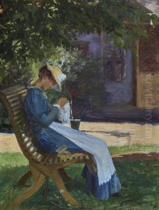 Meta Kjeldsen sitting in the shadow under the linden tree in the garden of Valstedgaard. by Cilius Andersen