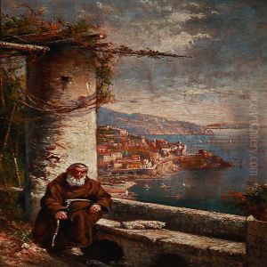 View Over Amalfi With A Monk In A Loggia by Consalvo Carelli