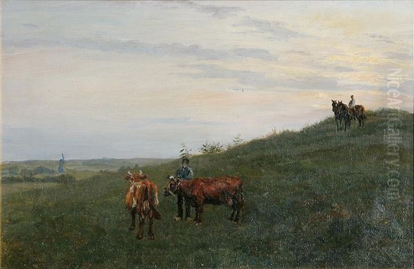 Bondemand med sine koer pa marken. - view 1