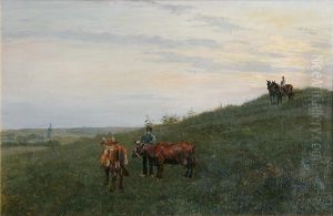 Bondemand med sine koer pa marken. by Otto Bache