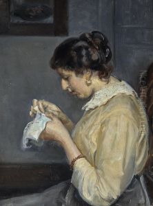Interior med Henny Brodersen ved handarbejdet.