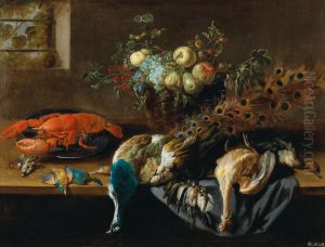 A peacock, fruit, boiled lobster and a prey of birds