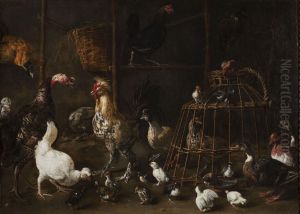 A barn interior with a turkey