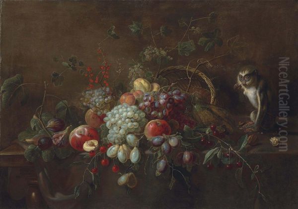 Grapes, apples, plums, figs and other fruit on a partly draped wooden table, a monkey eating walnuts by an upturned woven basket - view 1