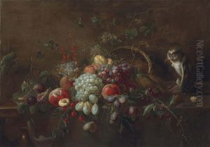 Grapes, apples, plums, figs and other fruit on a partly draped wooden table, a monkey eating walnuts by an upturned woven basket