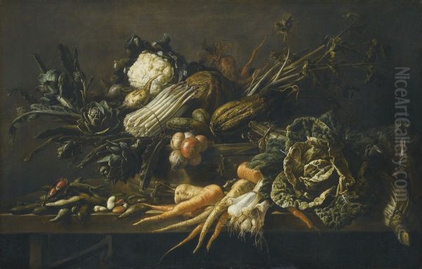Still life of artichoke, asparagus, green cabbage, onions, beans, carrots and other vegetables, all upon a wooden bench - view 1