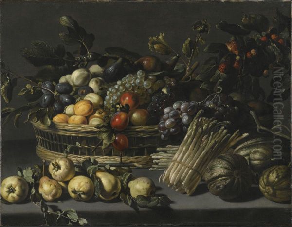 Still life with fruit piled high in a basket, surrounded by quinces, melons and asparagus on a ledge - view 1