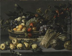 Still life with fruit piled high in a basket, surrounded by quinces, melons and asparagus on a ledge by Adriaen van Utrecht